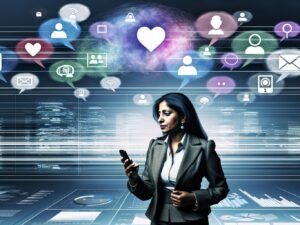 Geschäftsperson im modernen Büro, umgeben von Social Media Icons und digitalen Verkaufsinhalten auf Dashboards
