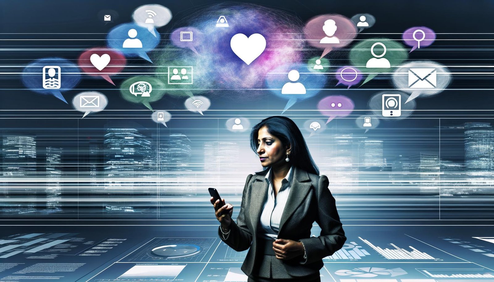 Geschäftsperson im modernen Büro, umgeben von Social Media Icons und digitalen Verkaufsinhalten auf Dashboards