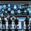 Team aus Marketer, Entwickler und Datenschutzexperte diskutiert in einem modernen Kontrollzentrum vor großen Dashboards mit Cookie- und Tracking-Netzwerk-Grafiken, leuchtenden Daten-Flows und Datenschutz-Icons im Hintergrund.