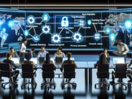 Team aus Marketer, Entwickler und Datenschutzexperte diskutiert in einem modernen Kontrollzentrum vor großen Dashboards mit Cookie- und Tracking-Netzwerk-Grafiken, leuchtenden Daten-Flows und Datenschutz-Icons im Hintergrund.
