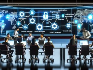Team aus Marketer, Entwickler und Datenschutzexperte diskutiert in einem modernen Kontrollzentrum vor großen Dashboards mit Cookie- und Tracking-Netzwerk-Grafiken, leuchtenden Daten-Flows und Datenschutz-Icons im Hintergrund.