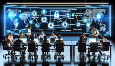 Team aus Marketer, Entwickler und Datenschutzexperte diskutiert in einem modernen Kontrollzentrum vor großen Dashboards mit Cookie- und Tracking-Netzwerk-Grafiken, leuchtenden Daten-Flows und Datenschutz-Icons im Hintergrund.