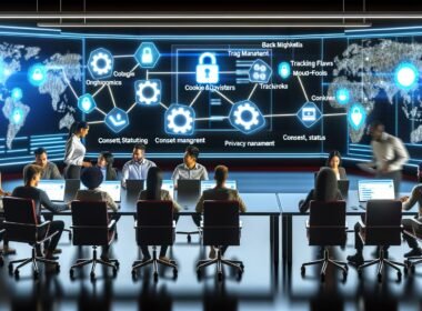 Team aus Marketer, Entwickler und Datenschutzexperte diskutiert in einem modernen Kontrollzentrum vor großen Dashboards mit Cookie- und Tracking-Netzwerk-Grafiken, leuchtenden Daten-Flows und Datenschutz-Icons im Hintergrund.