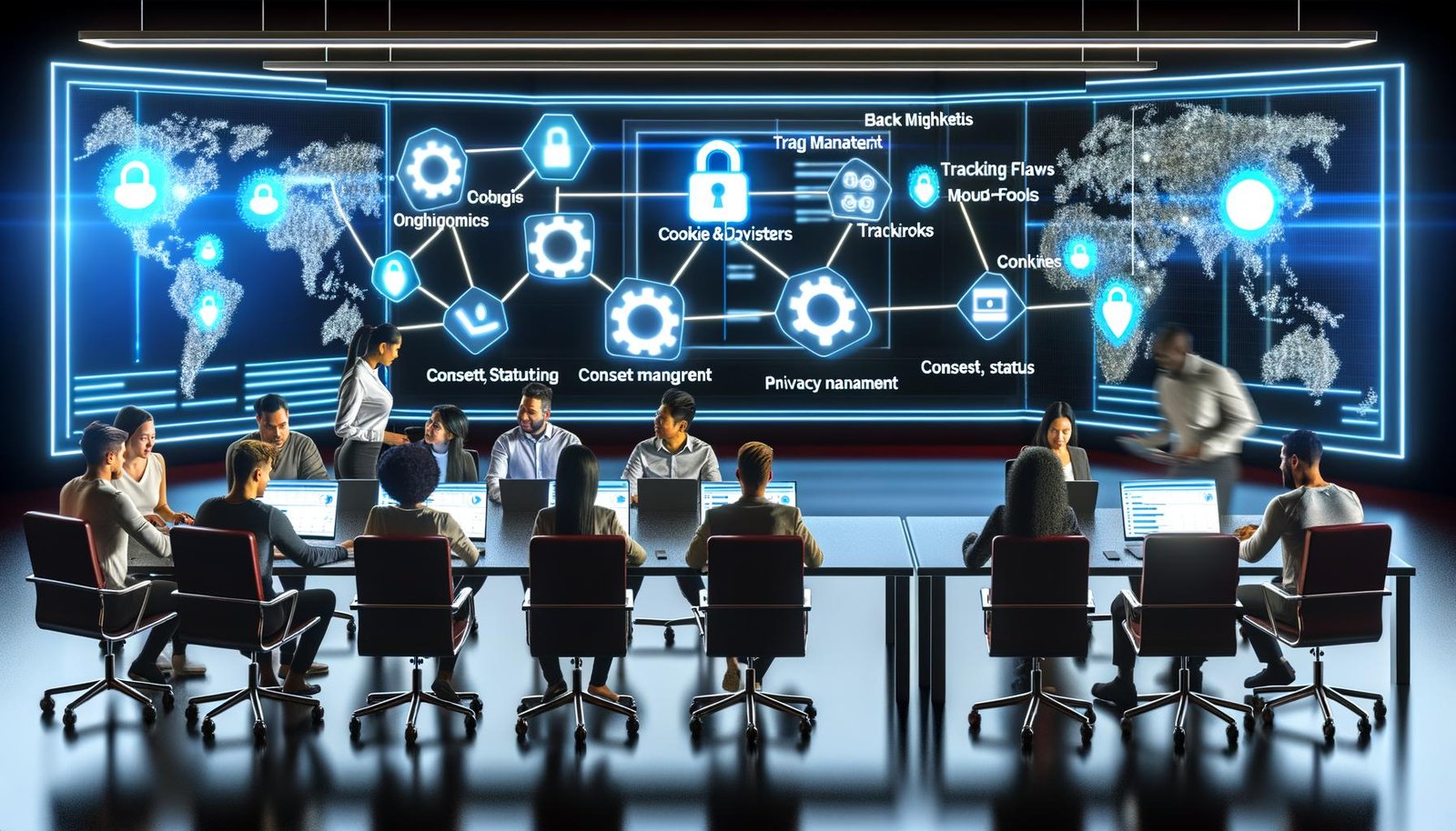 Team aus Marketer, Entwickler und Datenschutzexperte diskutiert in einem modernen Kontrollzentrum vor großen Dashboards mit Cookie- und Tracking-Netzwerk-Grafiken, leuchtenden Daten-Flows und Datenschutz-Icons im Hintergrund.