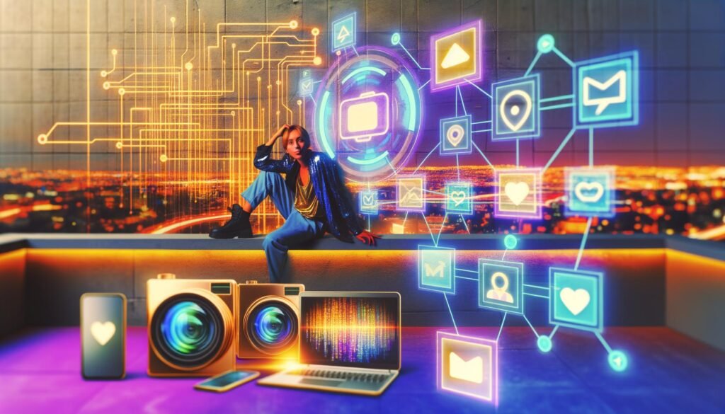 Junger Creator mit Laptop, Smartphone und Kamera, umgeben von Social-Media-Icons wie TikTok, YouTube, Instagram, Snapchat sowie farbenfrohen Diagrammen und monetären Grafiken, in einer urbanen Hightech-Großstadt-Umgebung.