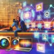 Junger Creator mit Laptop, Smartphone und Kamera, umgeben von Social-Media-Icons wie TikTok, YouTube, Instagram, Snapchat sowie farbenfrohen Diagrammen und monetären Grafiken, in einer urbanen Hightech-Großstadt-Umgebung.