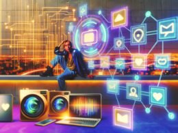 Junger Creator mit Laptop, Smartphone und Kamera, umgeben von Social-Media-Icons wie TikTok, YouTube, Instagram, Snapchat sowie farbenfrohen Diagrammen und monetären Grafiken, in einer urbanen Hightech-Großstadt-Umgebung.