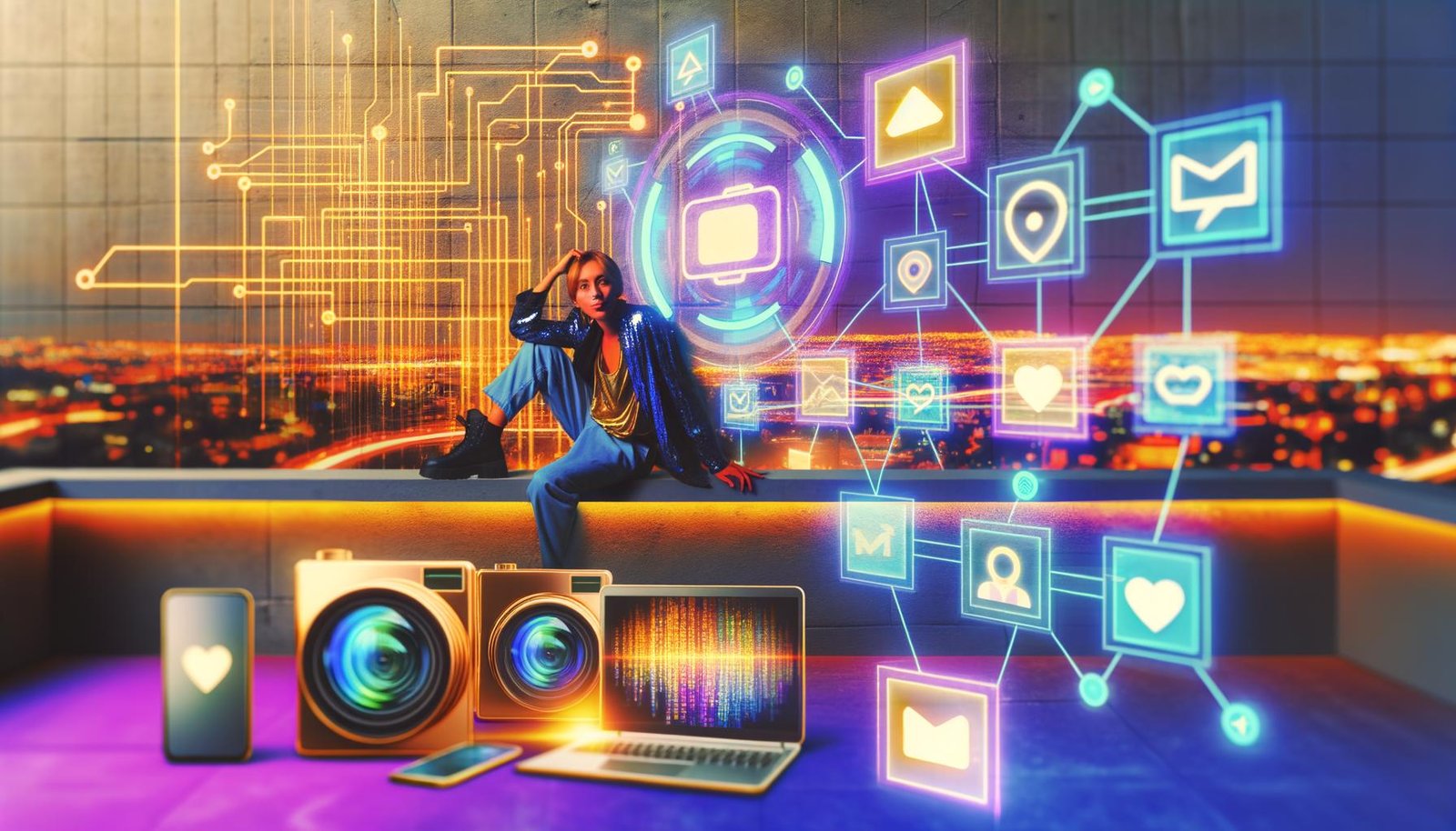 Junger Creator mit Laptop, Smartphone und Kamera, umgeben von Social-Media-Icons wie TikTok, YouTube, Instagram, Snapchat sowie farbenfrohen Diagrammen und monetären Grafiken, in einer urbanen Hightech-Großstadt-Umgebung.