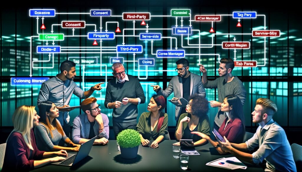 Marketing-Team in Hightech-Büro analysiert digitalen Flowchart über Cookie-Datenströme mit grün markierten sicheren und rot gekennzeichneten riskanten Knoten.