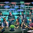 Marketing-Team in Hightech-Büro analysiert digitalen Flowchart über Cookie-Datenströme mit grün markierten sicheren und rot gekennzeichneten riskanten Knoten.