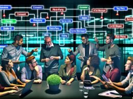 Marketing-Team in Hightech-Büro analysiert digitalen Flowchart über Cookie-Datenströme mit grün markierten sicheren und rot gekennzeichneten riskanten Knoten.