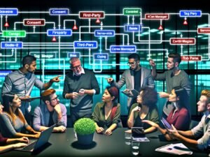 Marketing-Team in Hightech-Büro analysiert digitalen Flowchart über Cookie-Datenströme mit grün markierten sicheren und rot gekennzeichneten riskanten Knoten.