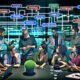 Marketing-Team in Hightech-Büro analysiert digitalen Flowchart über Cookie-Datenströme mit grün markierten sicheren und rot gekennzeichneten riskanten Knoten.