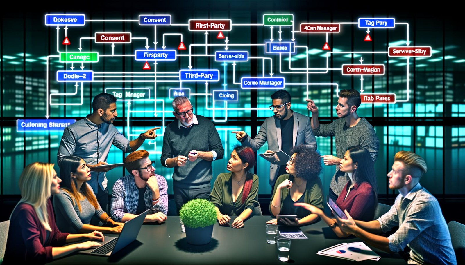 Marketing-Team in Hightech-Büro analysiert digitalen Flowchart über Cookie-Datenströme mit grün markierten sicheren und rot gekennzeichneten riskanten Knoten.