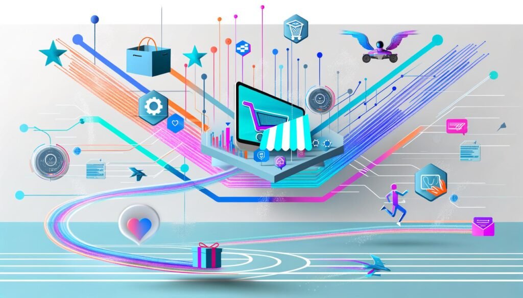 Moderne, energiegeladene Grafik zum Thema Ecommerce Growth 2025 mit abstrahierter Shopfront, bunten Datenströmen, Automatisierungssymbolen und einer dezenten Marathon-Laufbahn im Hintergrund.