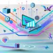 Moderne, energiegeladene Grafik zum Thema Ecommerce Growth 2025 mit abstrahierter Shopfront, bunten Datenströmen, Automatisierungssymbolen und einer dezenten Marathon-Laufbahn im Hintergrund.