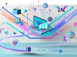 Moderne, energiegeladene Grafik zum Thema Ecommerce Growth 2025 mit abstrahierter Shopfront, bunten Datenströmen, Automatisierungssymbolen und einer dezenten Marathon-Laufbahn im Hintergrund.