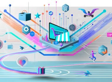 Moderne, energiegeladene Grafik zum Thema Ecommerce Growth 2025 mit abstrahierter Shopfront, bunten Datenströmen, Automatisierungssymbolen und einer dezenten Marathon-Laufbahn im Hintergrund.