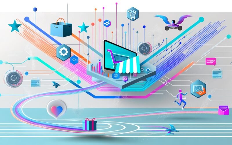 Moderne, energiegeladene Grafik zum Thema Ecommerce Growth 2025 mit abstrahierter Shopfront, bunten Datenströmen, Automatisierungssymbolen und einer dezenten Marathon-Laufbahn im Hintergrund.