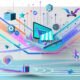 Moderne, energiegeladene Grafik zum Thema Ecommerce Growth 2025 mit abstrahierter Shopfront, bunten Datenströmen, Automatisierungssymbolen und einer dezenten Marathon-Laufbahn im Hintergrund.