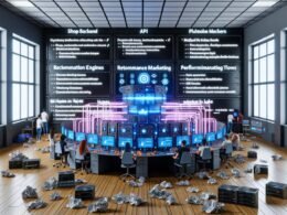 Illustration eines hochmodernen Online-Shop Maschinenraums mit Dashboard, leuchtenden Datenströmen, arbeitenden Experten und ausgemusterten Tools auf dem Boden.
