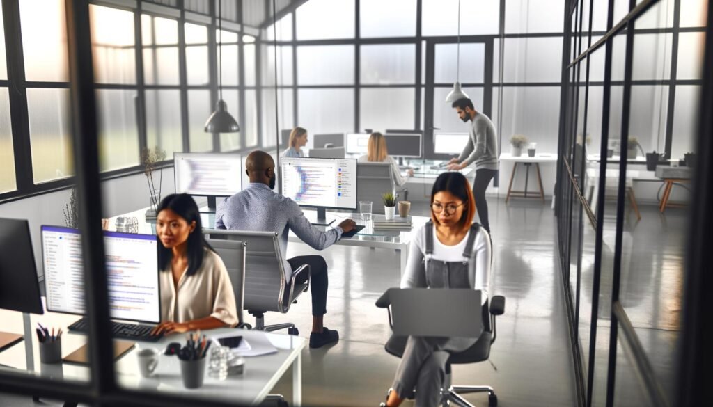 Modernes, minimalistisches Agentur-Büro mit Glaswänden und offenem Workspace, in dem ein diverses SEO-Team an Computern mit Dashboards und Code arbeitet.