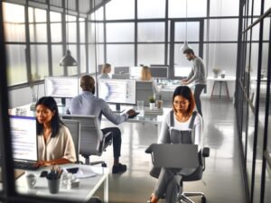 Modernes, minimalistisches Agentur-Büro mit Glaswänden und offenem Workspace, in dem ein diverses SEO-Team an Computern mit Dashboards und Code arbeitet.