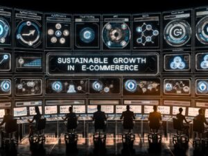 Futuristischer E-Commerce-Kontrollraum mit Unternehmern, Daten-Dashboards, KI-Icons und moderner Infrastruktur für nachhaltiges Wachstum.