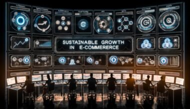 Futuristischer E-Commerce-Kontrollraum mit Unternehmern, Daten-Dashboards, KI-Icons und moderner Infrastruktur für nachhaltiges Wachstum.