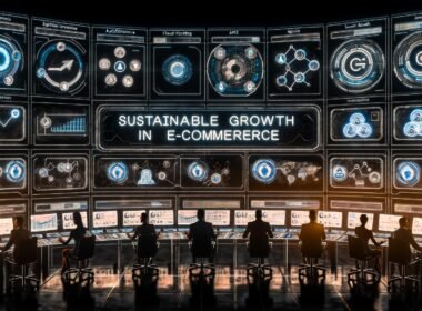 Futuristischer E-Commerce-Kontrollraum mit Unternehmern, Daten-Dashboards, KI-Icons und moderner Infrastruktur für nachhaltiges Wachstum.
