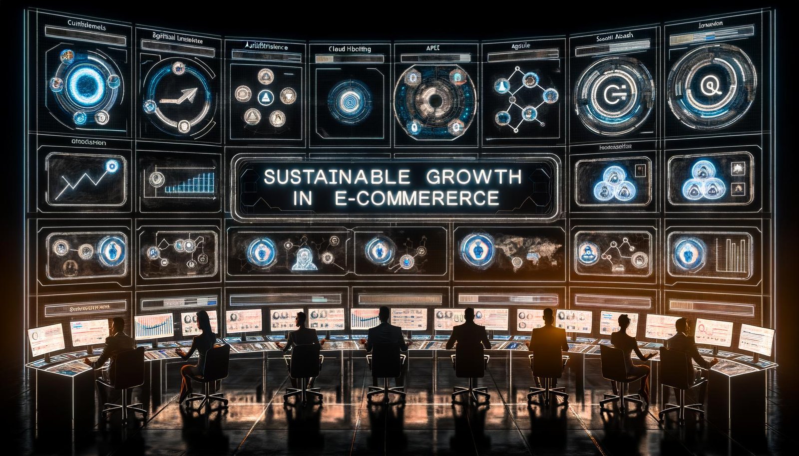 Futuristischer E-Commerce-Kontrollraum mit Unternehmern, Daten-Dashboards, KI-Icons und moderner Infrastruktur für nachhaltiges Wachstum.