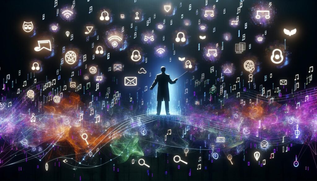Moderner Orchester-Dirigent mit digitalem Taktstock kontrolliert leuchtende Cookie-Symbole, Datenströme und juristische Symbole auf einer dunklen Bühne. Im Hintergrund verschmelzen DSGVO-, ePrivacy- und Marketing-Ikonen.