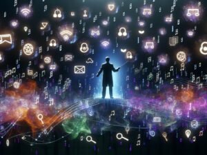Moderner Orchester-Dirigent mit digitalem Taktstock kontrolliert leuchtende Cookie-Symbole, Datenströme und juristische Symbole auf einer dunklen Bühne. Im Hintergrund verschmelzen DSGVO-, ePrivacy- und Marketing-Ikonen.