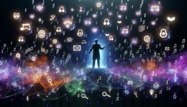 Moderner Orchester-Dirigent mit digitalem Taktstock kontrolliert leuchtende Cookie-Symbole, Datenströme und juristische Symbole auf einer dunklen Bühne. Im Hintergrund verschmelzen DSGVO-, ePrivacy- und Marketing-Ikonen.