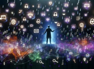 Moderner Orchester-Dirigent mit digitalem Taktstock kontrolliert leuchtende Cookie-Symbole, Datenströme und juristische Symbole auf einer dunklen Bühne. Im Hintergrund verschmelzen DSGVO-, ePrivacy- und Marketing-Ikonen.
