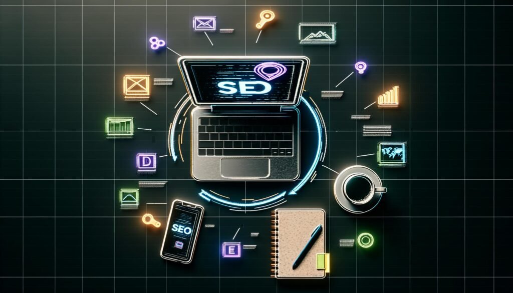 Vogelperspektive auf einen modernen Arbeitsplatz mit Laptop, auf dem ein SEO-Analyse-Dashboard angezeigt wird, umgeben von Strategien, Kaffee, Smartphone mit Analytics und Google-SERP-Visualisierung. Bunte SEO-Icons betonen technische Aspekte und Effizienz.