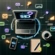 Vogelperspektive auf einen modernen Arbeitsplatz mit Laptop, auf dem ein SEO-Analyse-Dashboard angezeigt wird, umgeben von Strategien, Kaffee, Smartphone mit Analytics und Google-SERP-Visualisierung. Bunte SEO-Icons betonen technische Aspekte und Effizienz.