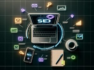 Vogelperspektive auf einen modernen Arbeitsplatz mit Laptop, auf dem ein SEO-Analyse-Dashboard angezeigt wird, umgeben von Strategien, Kaffee, Smartphone mit Analytics und Google-SERP-Visualisierung. Bunte SEO-Icons betonen technische Aspekte und Effizienz.