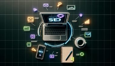 Vogelperspektive auf einen modernen Arbeitsplatz mit Laptop, auf dem ein SEO-Analyse-Dashboard angezeigt wird, umgeben von Strategien, Kaffee, Smartphone mit Analytics und Google-SERP-Visualisierung. Bunte SEO-Icons betonen technische Aspekte und Effizienz.