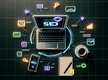 Vogelperspektive auf einen modernen Arbeitsplatz mit Laptop, auf dem ein SEO-Analyse-Dashboard angezeigt wird, umgeben von Strategien, Kaffee, Smartphone mit Analytics und Google-SERP-Visualisierung. Bunte SEO-Icons betonen technische Aspekte und Effizienz.