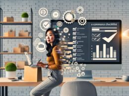 Moderne E-Commerce-Growth-Checkliste im Homeoffice, mit motivierter Person an einem Bildschirm, Produkten, Paketen, digitalen Grafiken und Automationselementen.