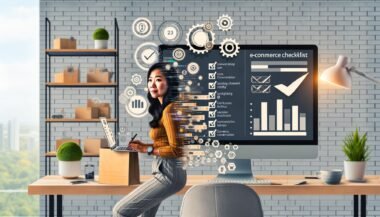 Moderne E-Commerce-Growth-Checkliste im Homeoffice, mit motivierter Person an einem Bildschirm, Produkten, Paketen, digitalen Grafiken und Automationselementen.