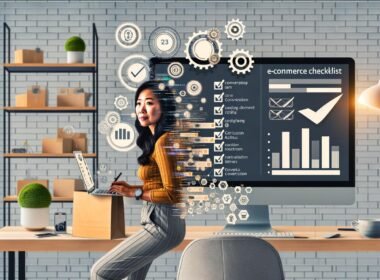 Moderne E-Commerce-Growth-Checkliste im Homeoffice, mit motivierter Person an einem Bildschirm, Produkten, Paketen, digitalen Grafiken und Automationselementen.