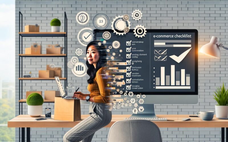 Moderne E-Commerce-Growth-Checkliste im Homeoffice, mit motivierter Person an einem Bildschirm, Produkten, Paketen, digitalen Grafiken und Automationselementen.
