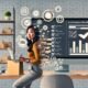 Moderne E-Commerce-Growth-Checkliste im Homeoffice, mit motivierter Person an einem Bildschirm, Produkten, Paketen, digitalen Grafiken und Automationselementen.
