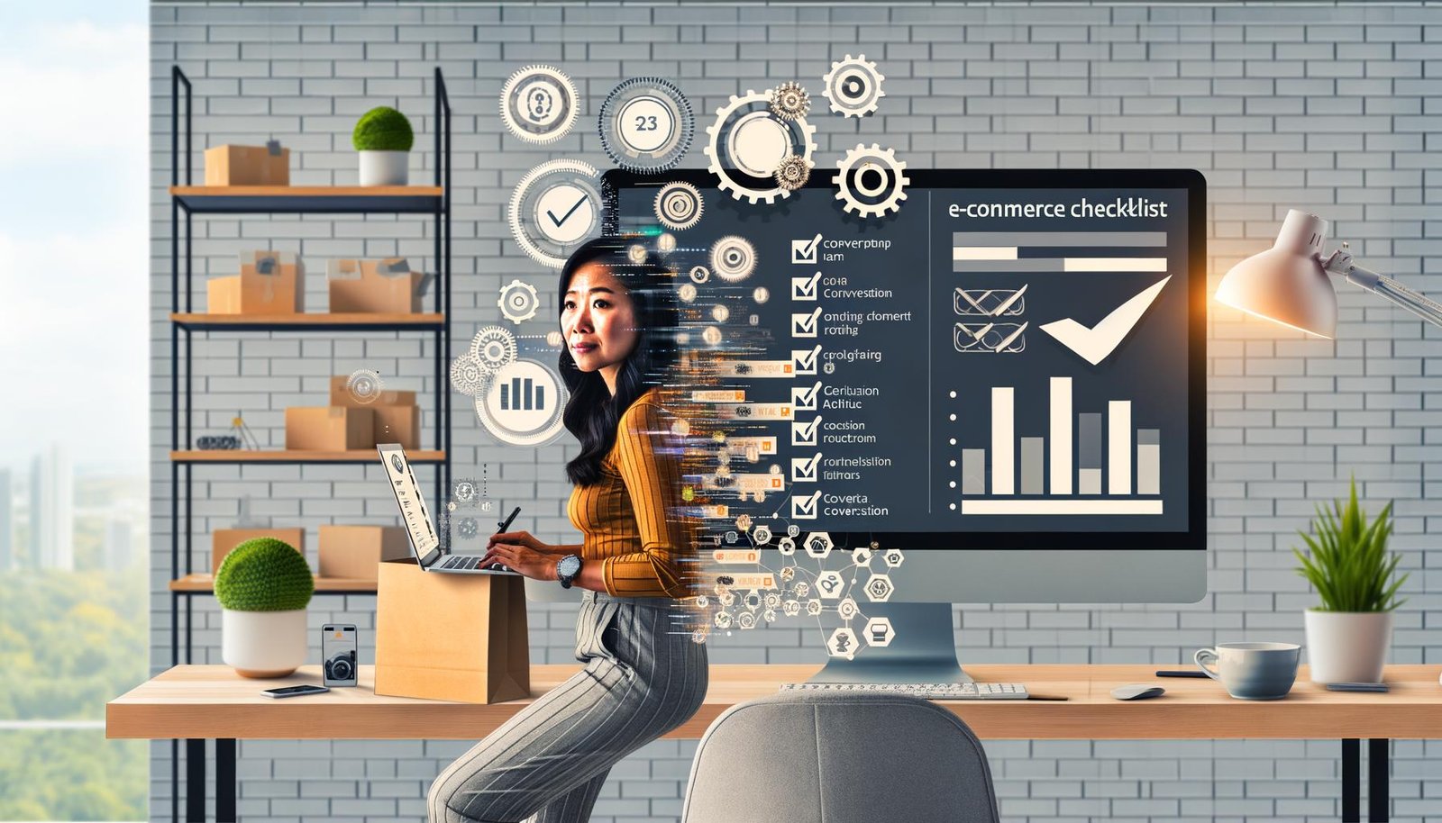 Moderne E-Commerce-Growth-Checkliste im Homeoffice, mit motivierter Person an einem Bildschirm, Produkten, Paketen, digitalen Grafiken und Automationselementen.