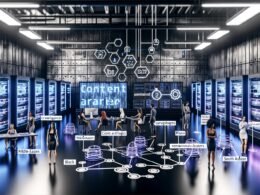 Moderner Maschinenraum mit industriellen Elementen, Serverschränken, Monitoren voller Daten-Insights, digitalen Content-Netzwerken und einem vielfältigen Team, das an Content-SEO-Strategien und Whiteboards arbeitet.