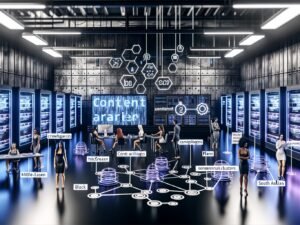 Moderner Maschinenraum mit industriellen Elementen, Serverschränken, Monitoren voller Daten-Insights, digitalen Content-Netzwerken und einem vielfältigen Team, das an Content-SEO-Strategien und Whiteboards arbeitet.