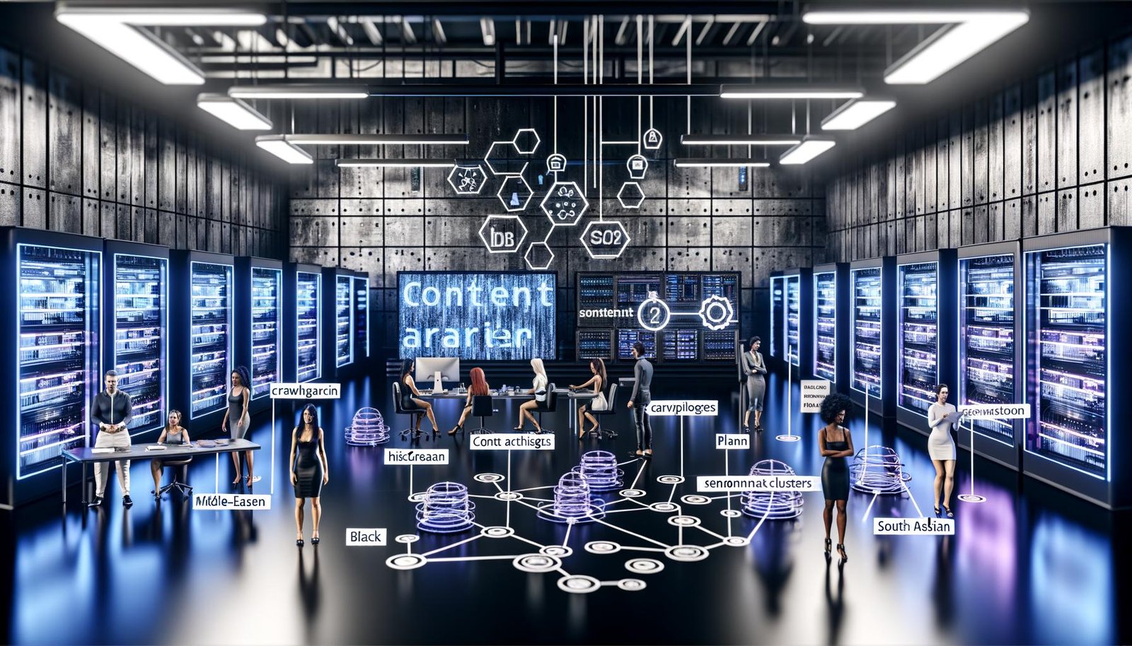 Moderner Maschinenraum mit industriellen Elementen, Serverschränken, Monitoren voller Daten-Insights, digitalen Content-Netzwerken und einem vielfältigen Team, das an Content-SEO-Strategien und Whiteboards arbeitet.