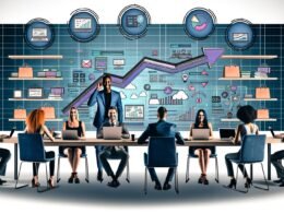 Dynamisches E-Commerce-Team am Tisch mit Laptops, Notebooks und großen Monitoren voller Diagramme und Statistiken, umgeben von digitalen Produktregalen und Marketing-Symbolen, mit sichtbarem Wachstumspfeil.